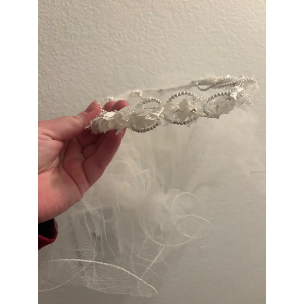 White Floral Crown Veil Faux Pearl Headband First Communion Wedding Flower Girl